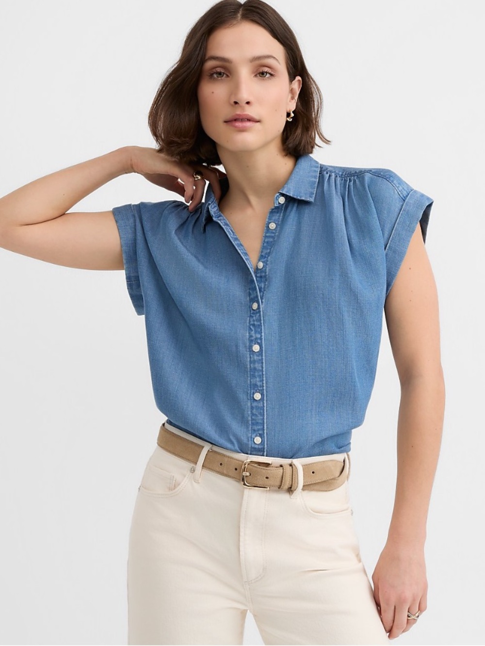LOFT Chambray Button Down Shirt Women’s XL Blue Short Sleeve Relaxed